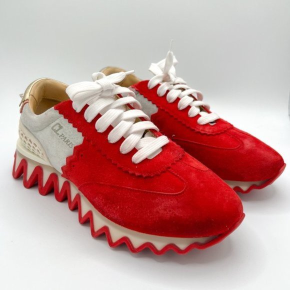 Men's Christian Louboutin Gray and Red Loubishark Sneakers 41.5 / US 8.5 - Picture 4 of 11